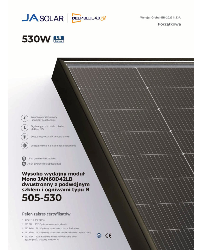 JA Solar JAM60D42 525W Bifacial Czarna Rama (N-Type) MC4