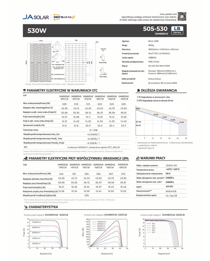 JA Solar JAM60D42 525W Bifacial Czarna Rama (N-Type) MC4