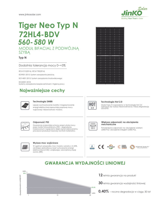 Jinko JKM580N-72HL4-BDV 580W Bifacial MC4-EVO2 Tiger Neo N-Type