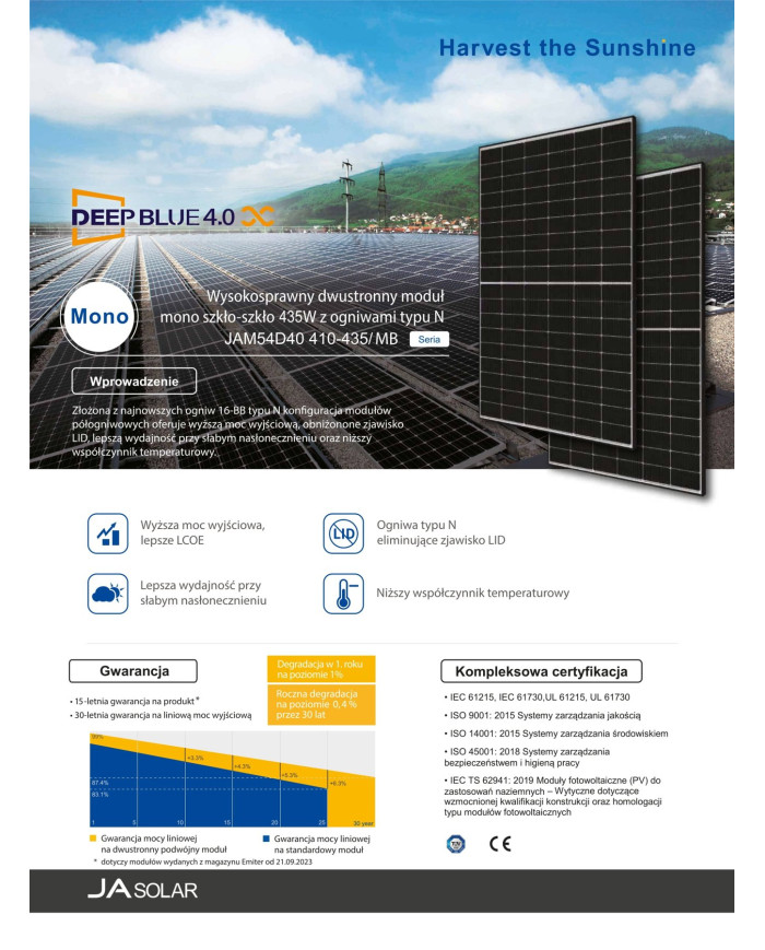 JA SOLAR JAM54D40 BIFACIAL 435W GB Czarna Rama MC4 (N-Type)