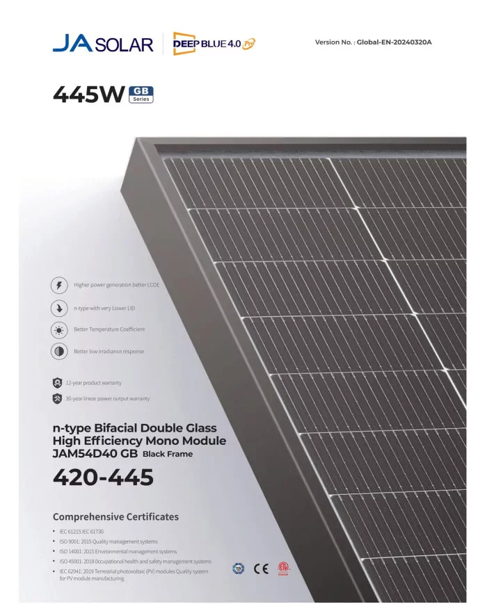 ja solar jam54d40 bifacial 435w gb sort ramme mc4 (n-type)