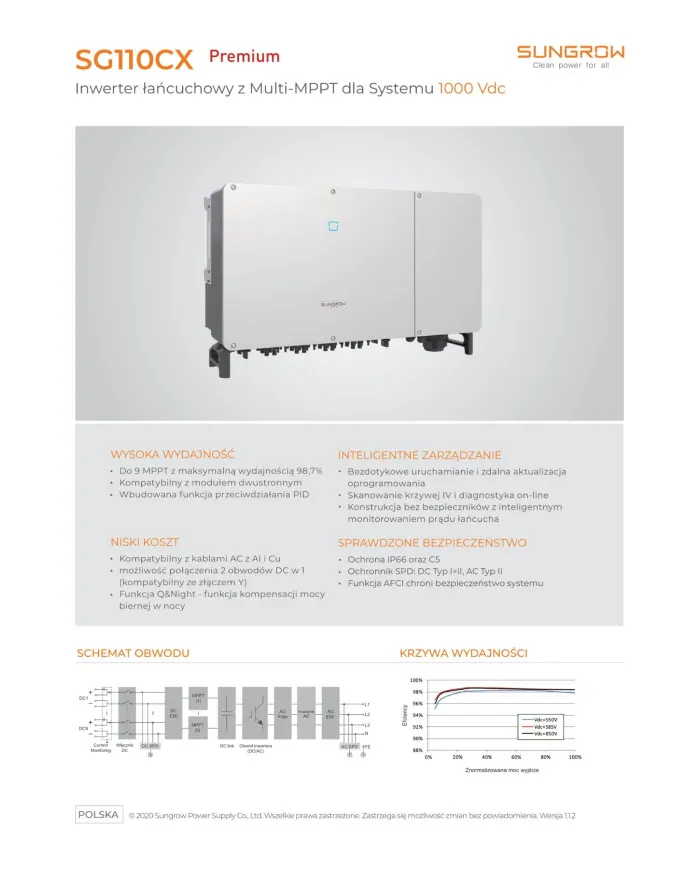 Sungrow SG110CX-V112(AFCI, SPD DC I+II/AC II, DC switch, PID)