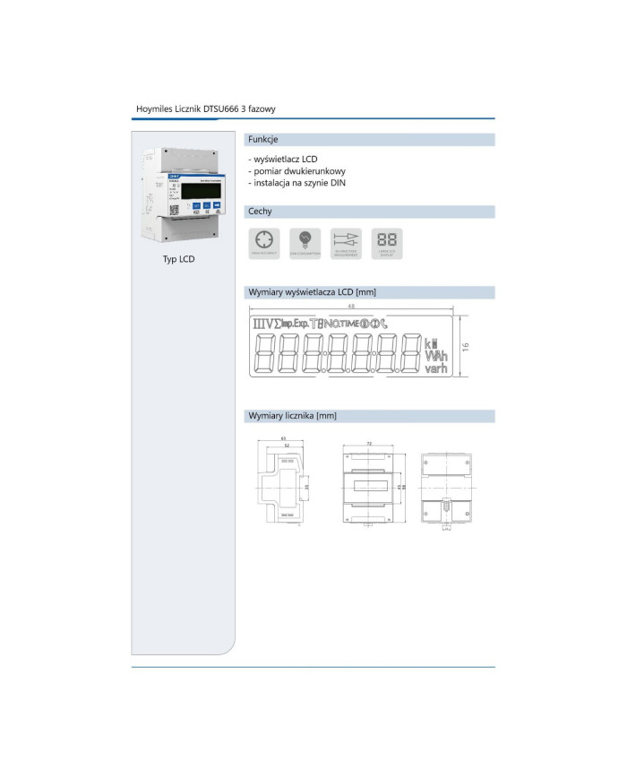 HOYMILES DTSU 666 nutikas elektriarvesti DTSU666 CT 3×100A, 3‑faasiline, RS485, DIN‑kinnitusega