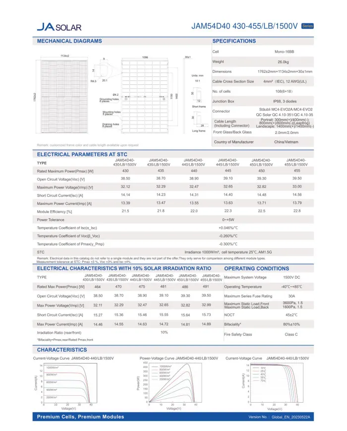 JA SOLAR JAM54D40 BIFACIAL 440W GB Čierny Rám MC4 (N-Type)