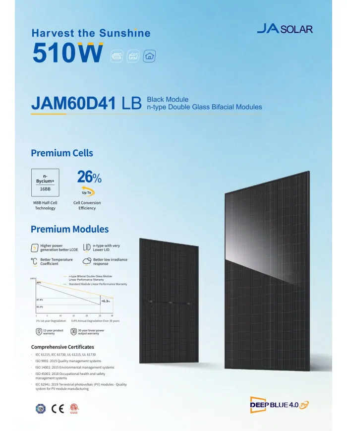 JA Solar JAM60D41 500W Bifacial Černý Rám (N-Type)