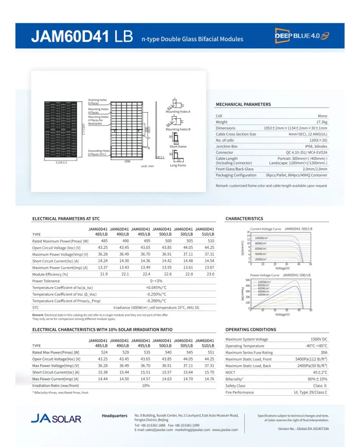 JA Solar JAM60D41 500W Bifacial Černý Rám (N-Type)