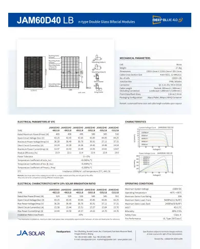 JA Solar JAM60D40 Bifacial 500W LB Marco Negro MC4 (N-Type)