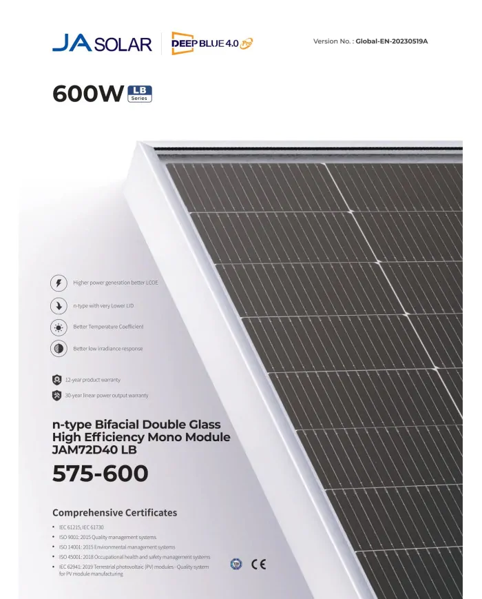 JA Solar JAM72D40-595W LB Bifacial (N-Type) Zilveren Frame