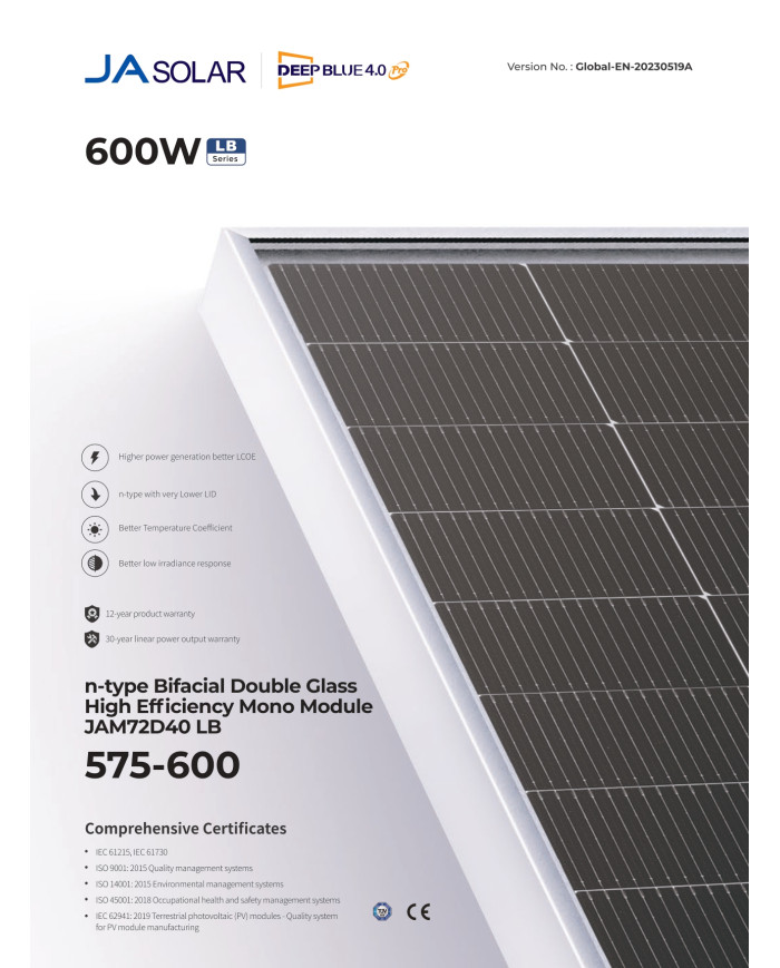 JA Solar JAM72D40 MB Bifacial (N-tip) MC4-EVO2 595W Srebrni okvir