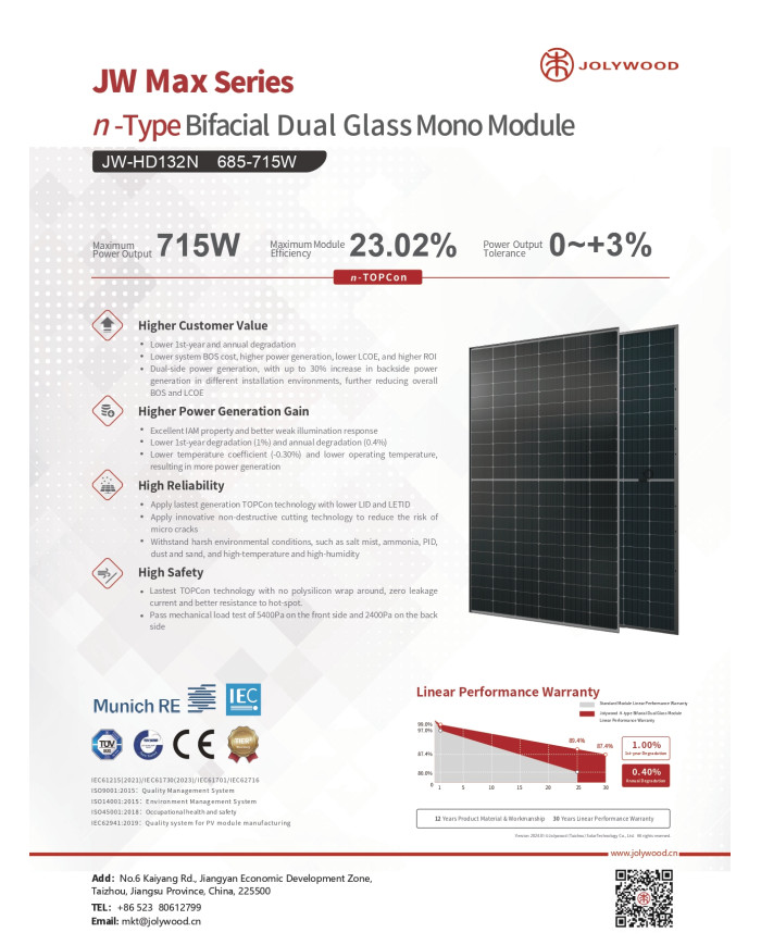 Jolywood JW-HD-132N Bifacial N-tips 710W Sudraba rāmis