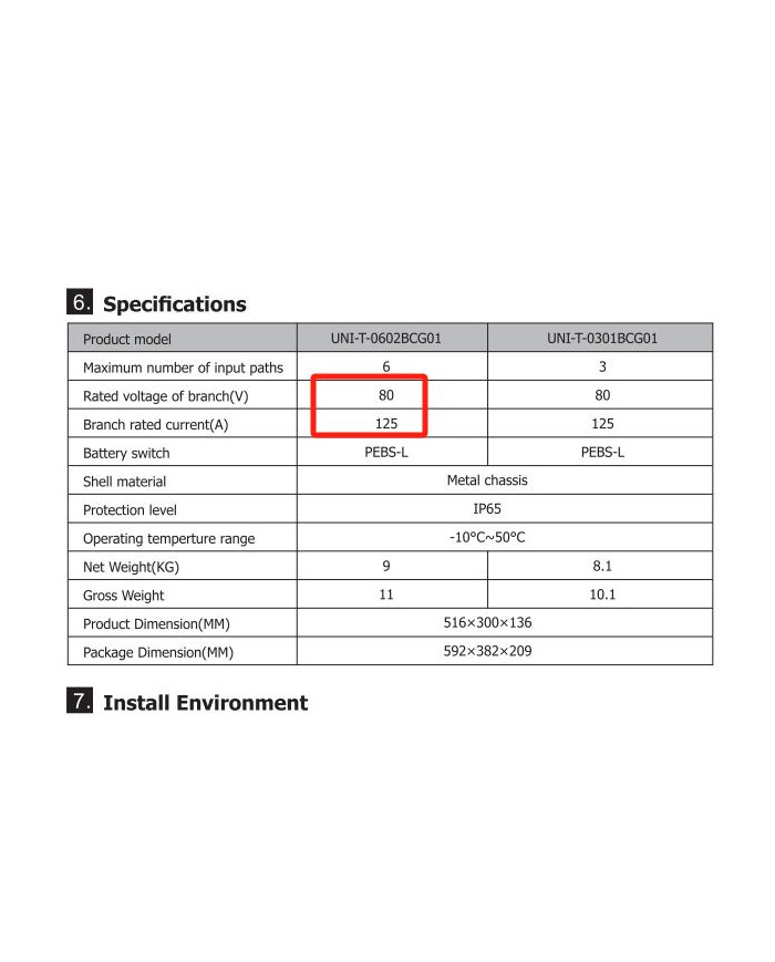 FelicityESS Batterie Combiner Box 6 in-2 out UNI-T-0602BCG01 80A, 125V