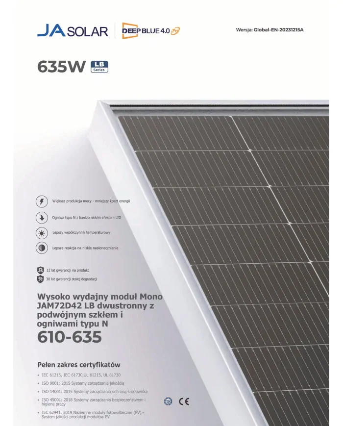 JA Solar JAM72D42-635W Bifacial N-Type Ramme