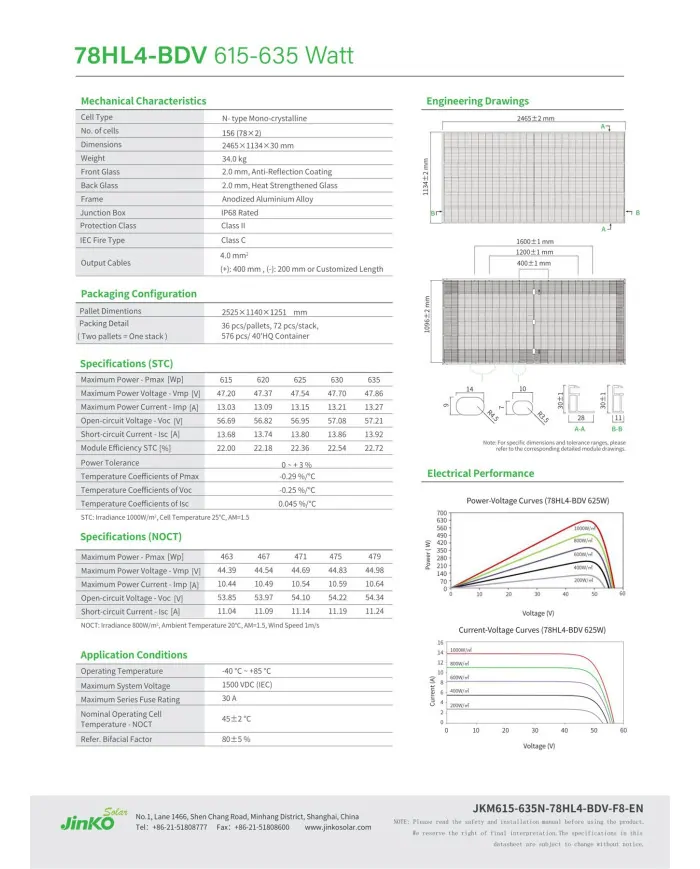 Jinko JKM630N-78HL4-BDV Bifacial 630W MC4-EVO2 (Tiger neo N-Type) Frame