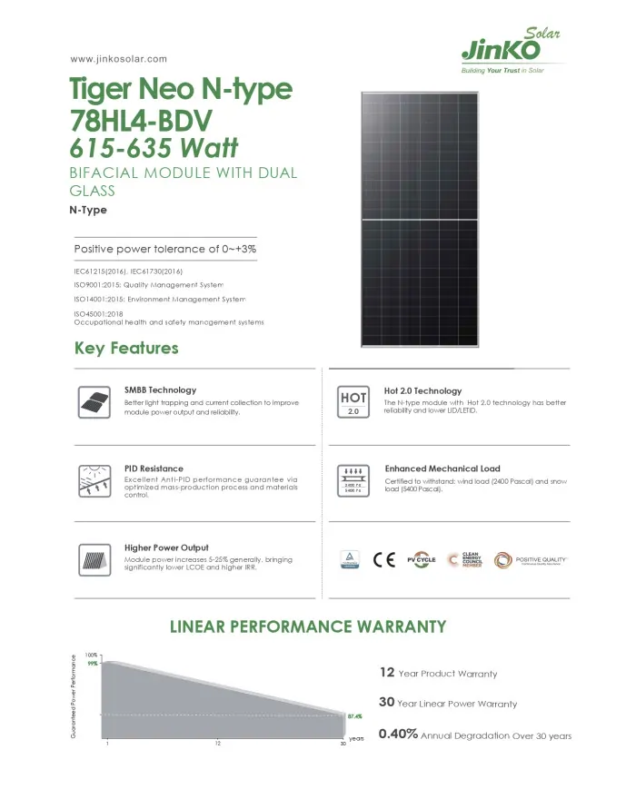 Jinko JKM630N-78HL4-BDV Bifacial 630W MC4-EVO2 (Tiger neo N-Type) Rám