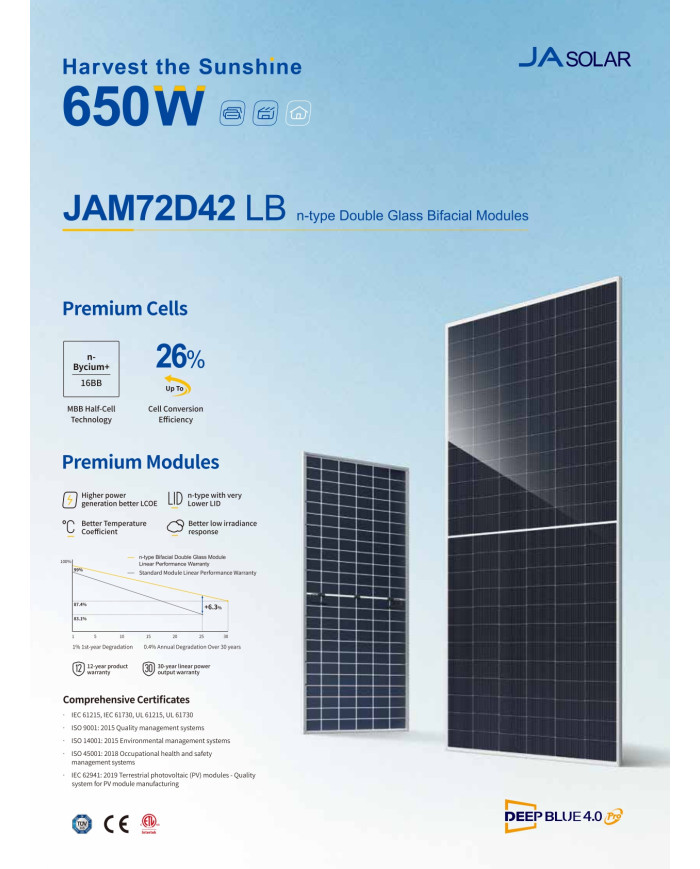 JA Solar JAM72D42-630W LB Bifacial (N-Type) MC4-EVO2