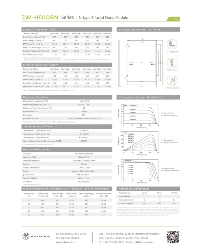 Jolywood JW-HD-108N-440W Bifacial Sort Ramme (N-type)