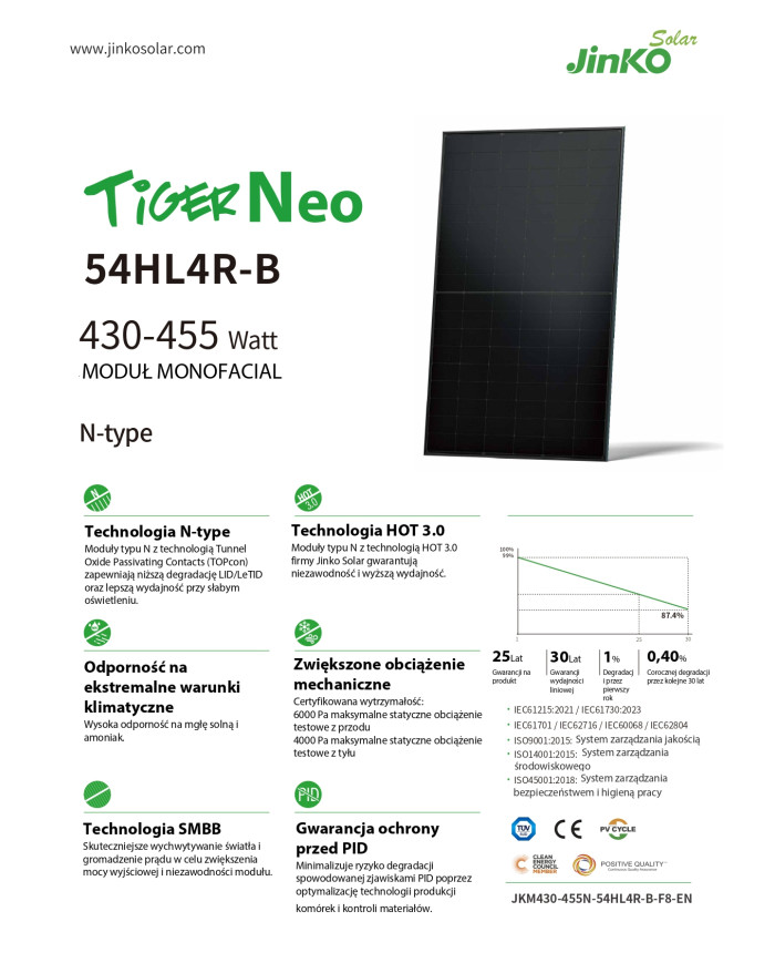 Jinko JKM440N-54HL4R-B 440W Cadre Noir