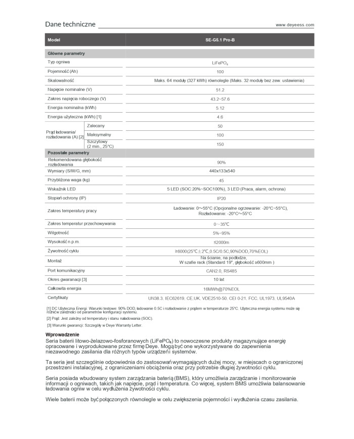 DEYE SE-G5.1-Pro-B 51.2V 100Ah 5.12kWh