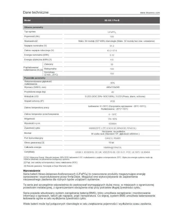 DEYE SE-G5.1-Pro-B 51.2V 100Ah 5.12kWh