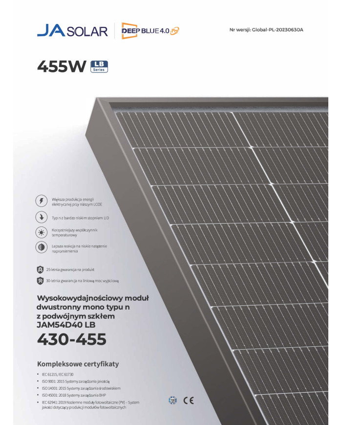 JA Solar JAM54D40 Bifacial 455W LB Cadre Noir MC4 (N-Type)