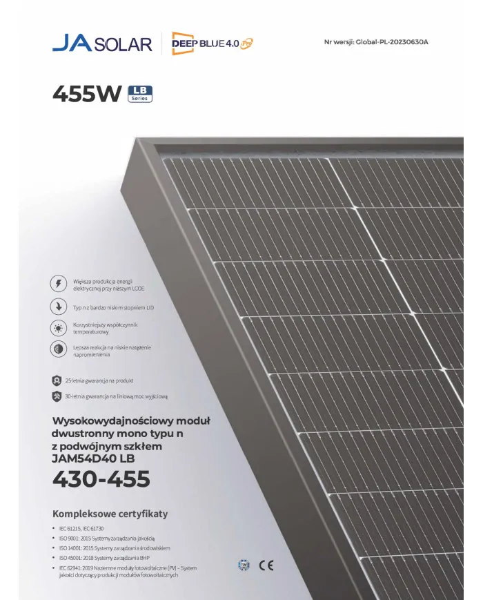 JA Solar JAM54D40 Bifacial 455W LB Černý Rám MC4 (N-Type)