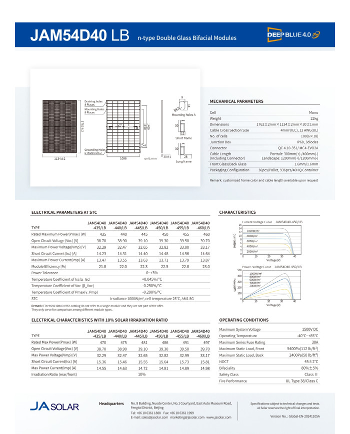 JA Solar JAM54D40 Bifacial 455W LB Cadre Noir MC4 (N-Type)
