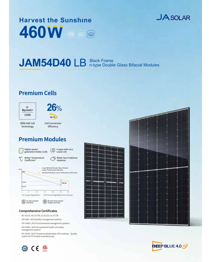 JA Solar JAM54D40 Bifacial 455W LB Černý Rám MC4 (N-Type)