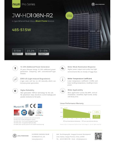 Jolywood JW-HD108N-R2 500W Bifacial Sort Ramme (N-type)