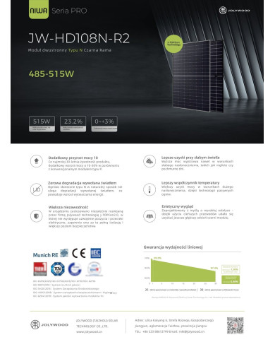 Jolywood JW-HD108N-R2 500W Bifacial Sort Ramme (N-type)
