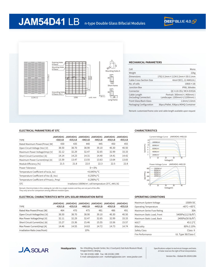 JA Solar JAM54D41 Bifacial N-Type Glass-Glass MC4 450W Melna rama