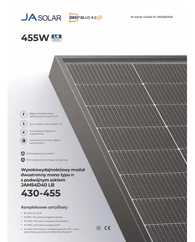 JA Solar JAM54D40 Bifacial 455W LB Μαύρο Πλαίσιο MC4 (N-Type)