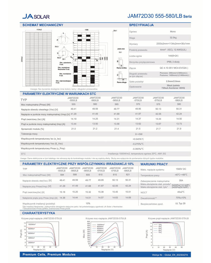 JA SOLAR JAM72D30-565/LB Module Bifacial Double Verre 580W