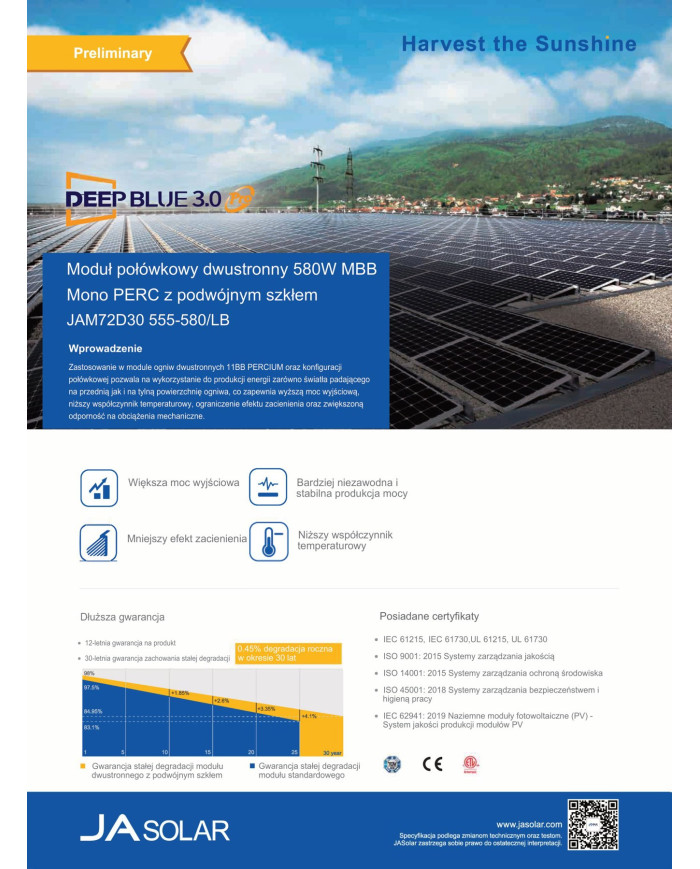 JA SOLAR JAM72D30-565/LB Módulo Bifacial de Vidro Duplo 580W