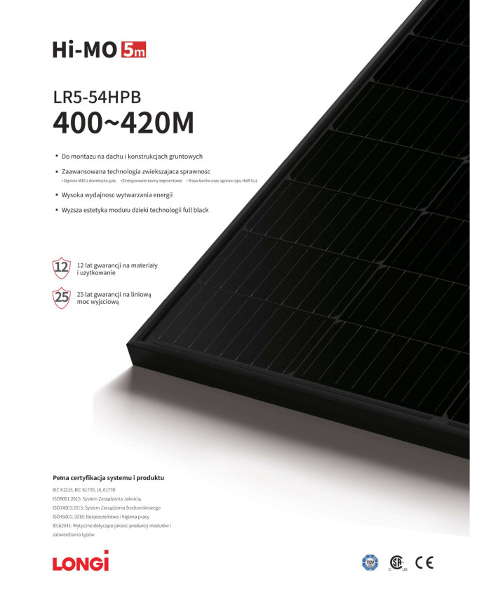LONGI LR5-54HPB 9BB Jumătate Celulă MONO 415W Complet Negru