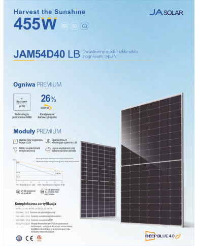 JA Solar JAM54D40 Bifacial 455W LB Μαύρο Πλαίσιο MC4 (N-Type)