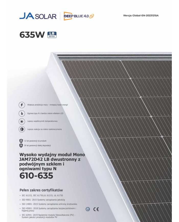 JA Solar JAM72D42-630W LB Bifacial (N-Type) MC4-EVO2