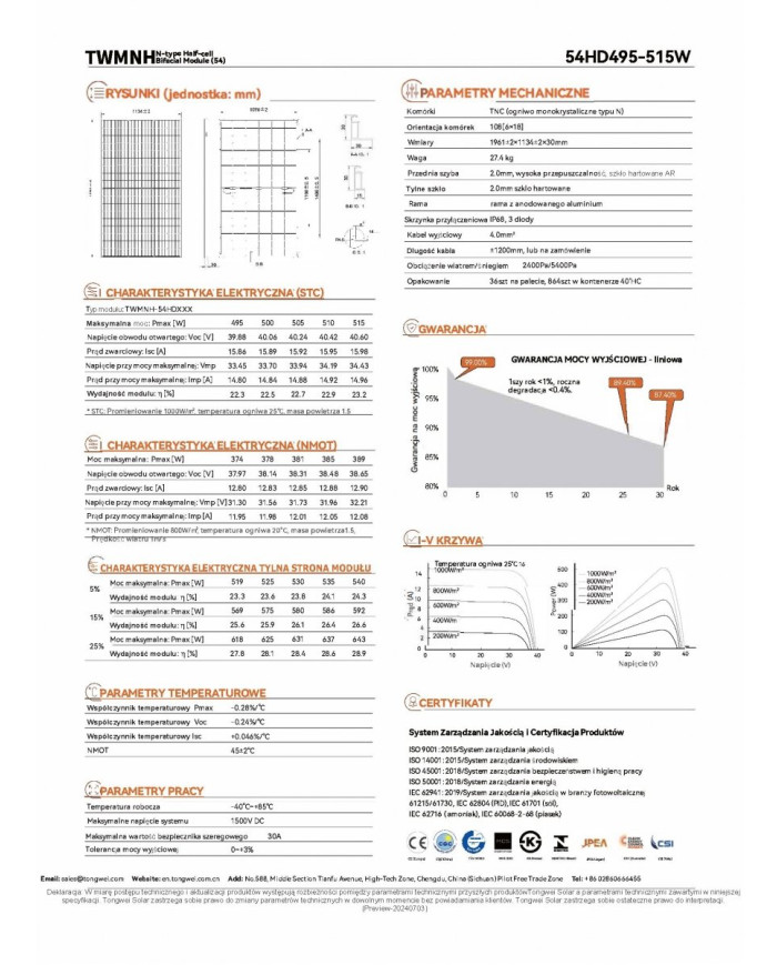 TW Solar TWMNH-54HD505 505W N-Type Bifacial Sort Ramme