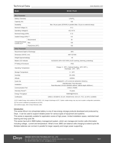 DEYE SE-G5.1-Pro-B 51.2V 100Ah 5.12kWh Baterija