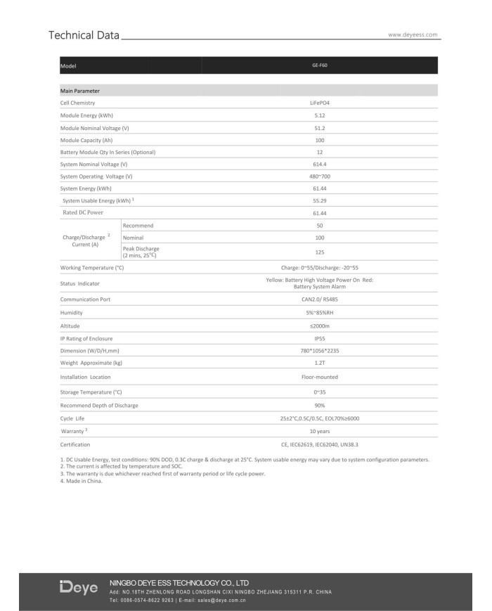 DEYE GE-F60 61,44kWh HV Batterie 614,4V 100Ah