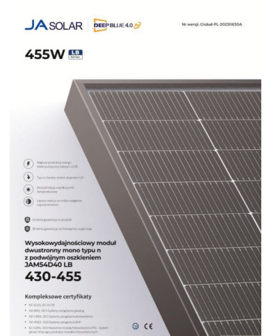 JA Solar JAM54D40 Bifacial 450W Čierny Rám