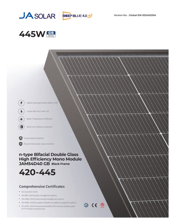 JA Solar JAM54D40 Bifacial N-Type 435W Melns rāmis