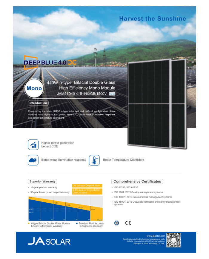 JA SOLAR JAM54D40 440W BIFACIAL GB Juodas rėmas MC4