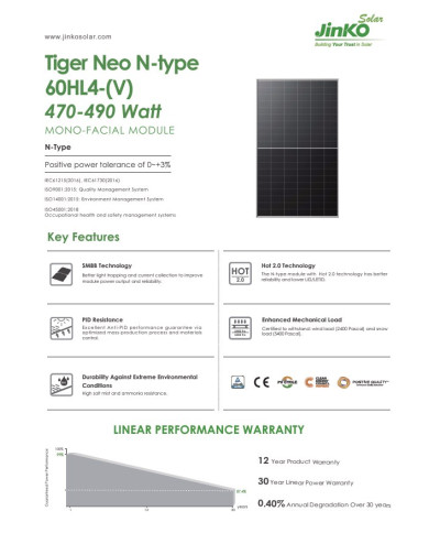 Jinko Solar 485W JKM485N-60HL4-V Cadre Noir