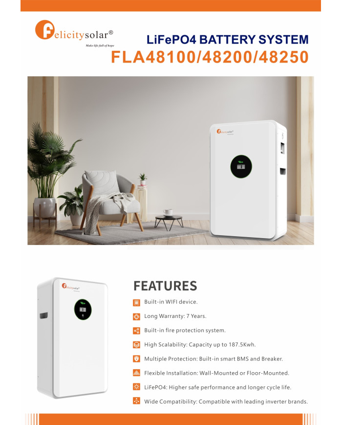 Felicity FLA48100 5.12 kWh LiFePO4 Battery 51.2V