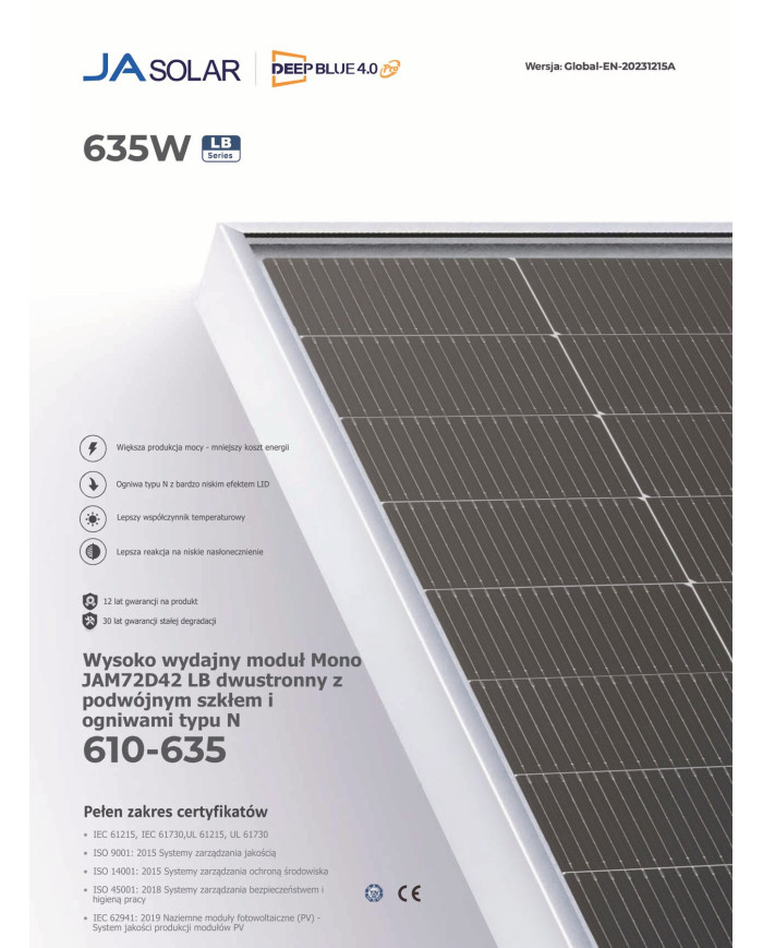 JA Solar JAM72D42-635W Bifacial N-Type Rama