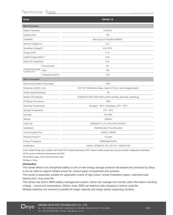 Deye RW-M6.1-B 6.14kWh LiFePO4 Batterie