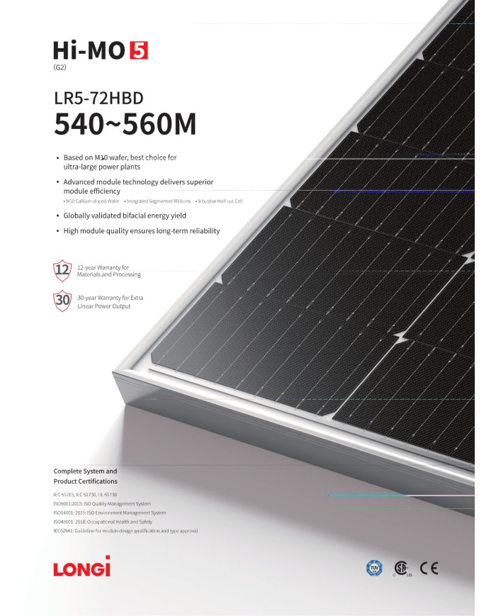LONGI LR5-72HBD 540W Bifacial 9BB Half Cut Mono sidabrinis rėmas 35 mm