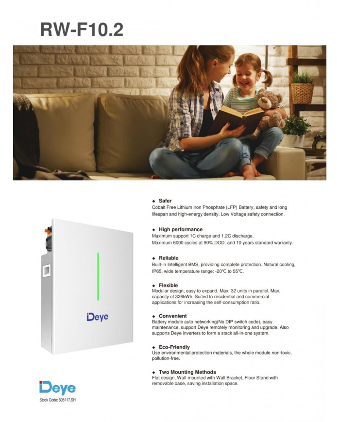 Deye RW-F10.2-B 10.24 kWh LiFePO4 mājas uzglabāšanas sistēma