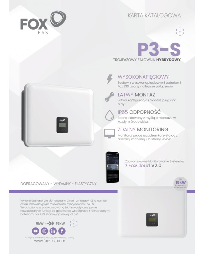 Τριφασικός υβριδικός μετατροπέας FoxESS P3-5.0-S-H 5 kW