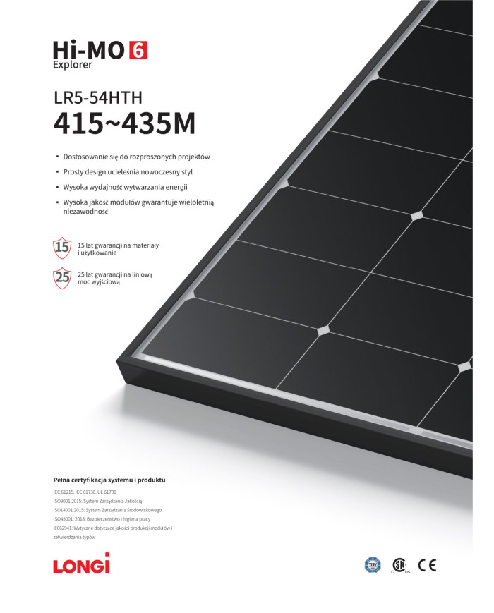 LONGI Explorer LR5-54HTH 430W Solar Panel (Black Frame)